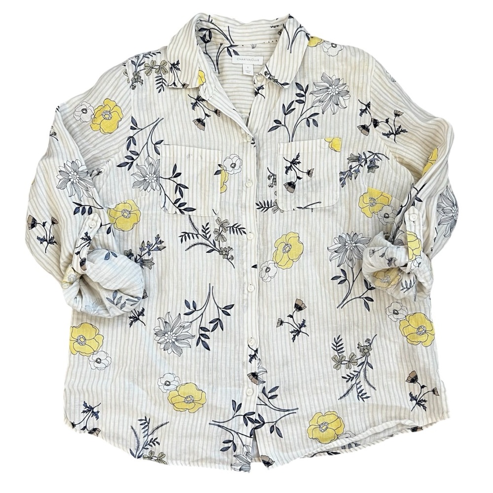 Charter Club, Rolled Sleeve, Floral Button Up Top, Size Small